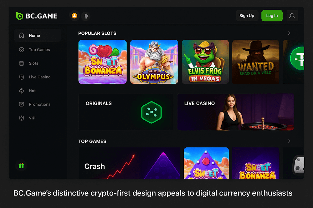 Screenshot of BC Game casino homepage showing the dark gaming interface with neon accents and cryptocurrency logos.