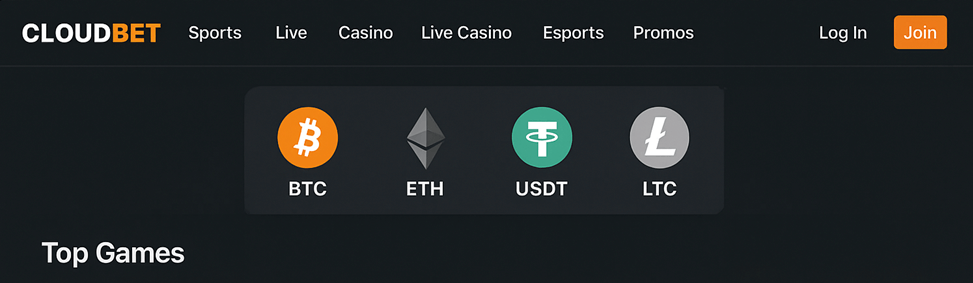 Cloudbet homepage with cryptocurrency logos and casino games interface