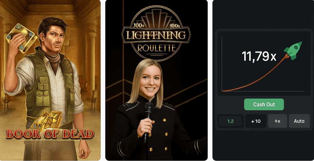 popular game thumbnails including Book of Dead, Lightning Roulette, and Crash game interface