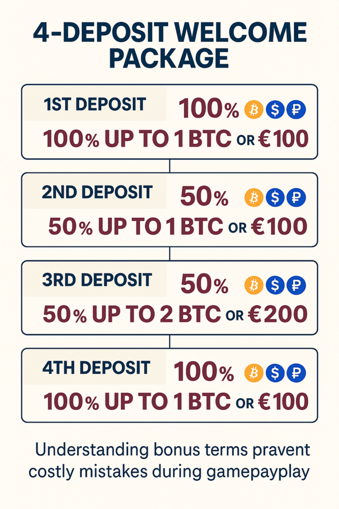 Visual breakdown of the 4-deposit welcome package with currency options