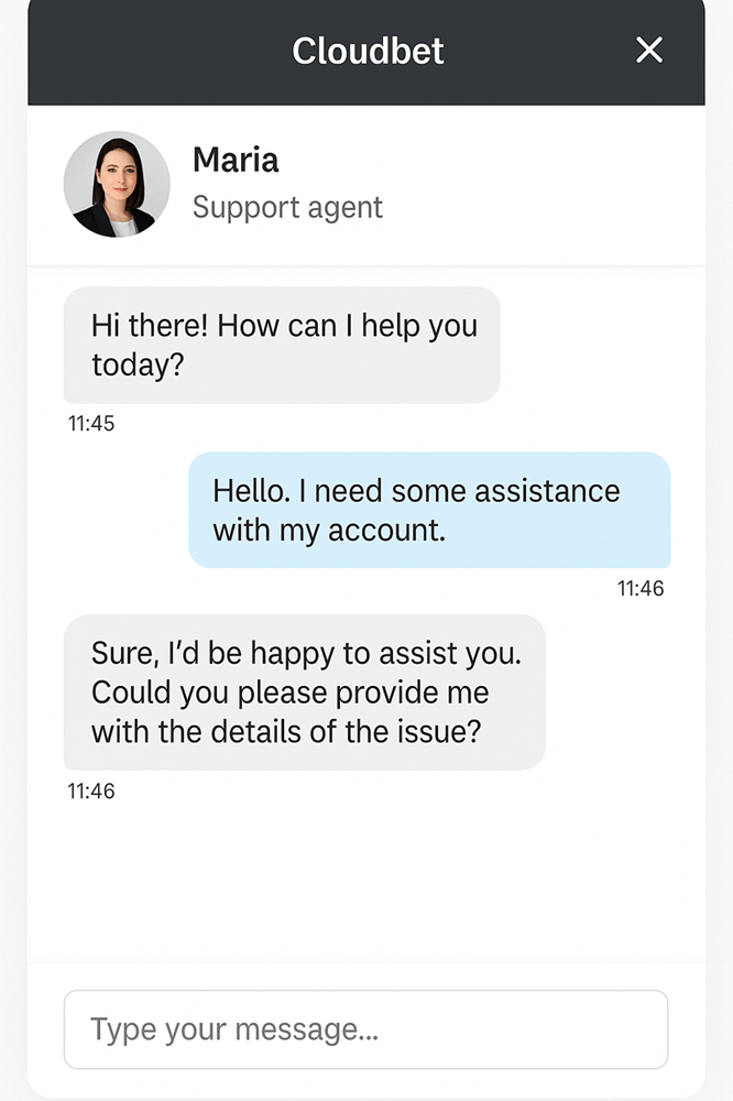Cloudbet's live chat interface showing conversation with support agent