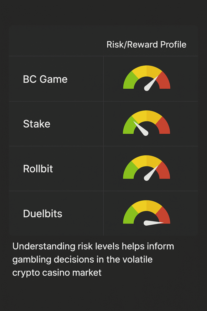 Comparison chart showing BC Game's risk/reward profile against major crypto casino competitors with visual risk indicators.