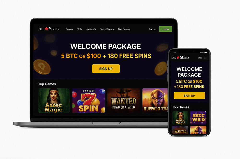 Side-by-side comparison of BitStarz desktop and mobile interfaces.