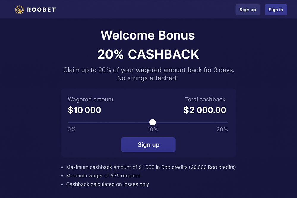 Roobet's transparent bonus calculator shows exact cashback amounts before you play