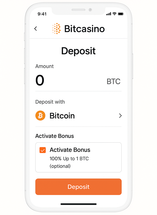 Mobile interface screenshot showing Bitcasino's Bitcoin deposit process and bonus activation
